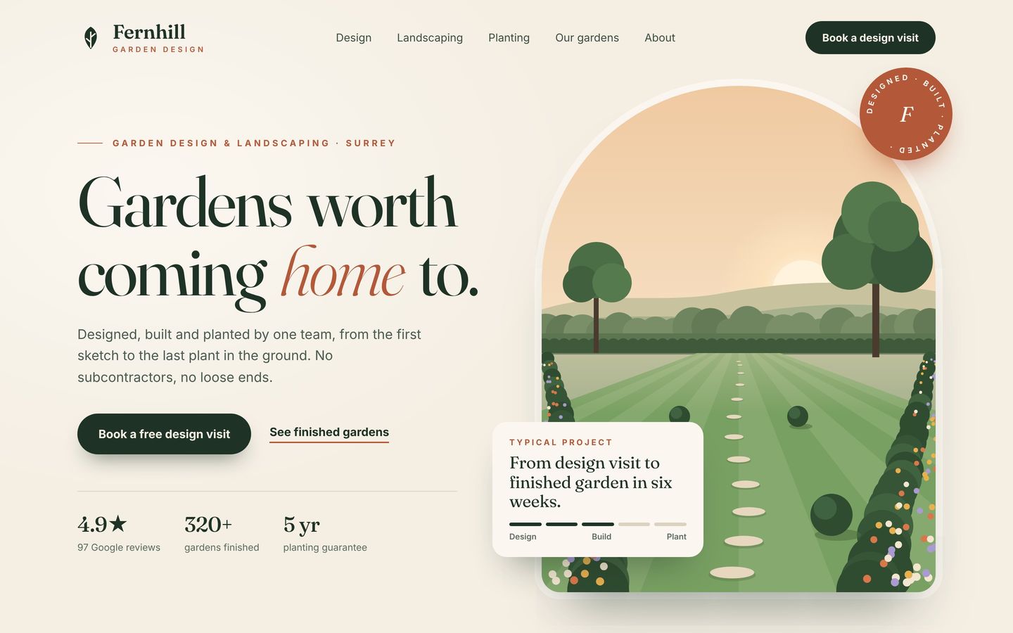 Fernhill Garden Design concept homepage: cream and deep green, an illustrated garden in an arched frame, Gardens worth coming home to